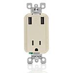 Decora® T5630-T Tamper-Resistant Receptacle and USB Charger, 15 A, 125 VAC Electrical Rating, 1 Pole, Light Almond