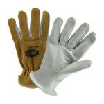 Ironcat® 9414/2XL Unisex General Purpose Gloves, Drivers/Work, Clute Cut/Keystone Thumb Style, 2XL, Premium Grain Cowhide Leather Palm, Premium Split Bourbon Cowhide Leather, Tan/White, Slip-On Cuff, Resists: Heat and Flame