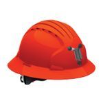 JSP® 280-EV6161M-OR Evolution® 6161M Deluxe Full Brim Non-Vented Mining Hard Hat, HDPE Shell/Non-Corrosive Steel Lamp Bracket, 6-Point Polyester Strap Suspension, ANSI Electrical Class Rating: Class E, ANSI Impact Rating: Type I, Wheel Ratchet Adjustment