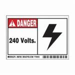 Brady® 86785 Laminated Machine/Equipment Label, 5 in L x 3-1/2 in W, Legend: DANGER 240 VOLTS, Black/Red on White Legend/Background, Polyester, 5 Labels