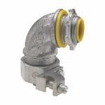 Crouse-Hinds Liquidator™ LT5090G Non-Insulated Liquidtight Conduit Connector With 14 to 4 AWG Aluminum Grounding Lug, 1/2 in Trade, 90 deg Angle, Malleable Iron, Electroplated Zinc