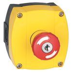 Allen-Bradley 800F-1YML2 Assembled Station,  1 Hole,  Plastic Enclosure,  Yellow,  Metric Conduit Knockouts,  Emergency Stop,  40mm Twist to Release Operator,  Illuminated 120V AC,  1 N.C. Contact Configuration