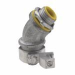 Crouse-Hinds Liquidator™ LTB10045G Insulated Liquidtight Conduit Connector With 14 to 4 AWG Aluminum Grounding Lug, 1 in Trade, 45 deg Angle, Malleable Iron, Electroplated Zinc