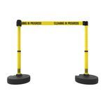 Banner Stakes PL4288 PLUS Barrier Set X2, Yellow "Cleaning in Progress", Includes: 2 PLUS Stanchions, 2 PLUS Bases, 1 PLUS Banner Head, 1 PLUS Receiver Head, Belt Length 15 ft, Suitable for Indoor/Outdoor Use