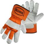 Boss® 1JL23932X Safety Gloves, Gunn Cut/Wing Thumb Style, 2XL, Double Split Cowhide Leather Palm, Cowhide Leather/Canvas, Gray/Orange, Rubberized Safety Cuff, Resists: Cut, Aramid Lining