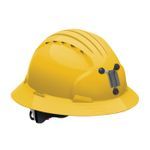 JSP® 280-EV6161M-20 Evolution® 6161M Deluxe Full Brim Non-Vented Mining Hard Hat, HDPE Shell/Non-Corrosive Steel Lamp Bracket, 6-Point Polyester Strap Suspension, ANSI Electrical Class Rating: Class E, ANSI Impact Rating: Type I, Wheel Ratchet Adjustment