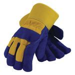 PIP® 78-7863B/L Work Gloves, Cold Weather Glove, Gunn Cut/Wing Thumb Style, L, Split Cowhide Leather Palm, Split Cowhide Leather, Blue/Yellow, Rubberized Safety Cuff, Resists: Abrasion and Water, Synthetic Fleece Fabric Lining