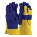 PIP® 78-7863B/L Work Gloves, Cold Weather Glove, Gunn Cut/Wing Thumb Style, L, Split Cowhide Leather Palm, Split Cowhide Leather, Blue/Yellow, Rubberized Safety Cuff, Resists: Abrasion and Water, Synthetic Fleece Fabric Lining