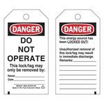 Brady® 65407 Rectangular Lockout Tagout Tag, 5-3/4 in H x 3 in W, Black/Red on White Legend/Background, 3/8 in Hole, B-853 Paper