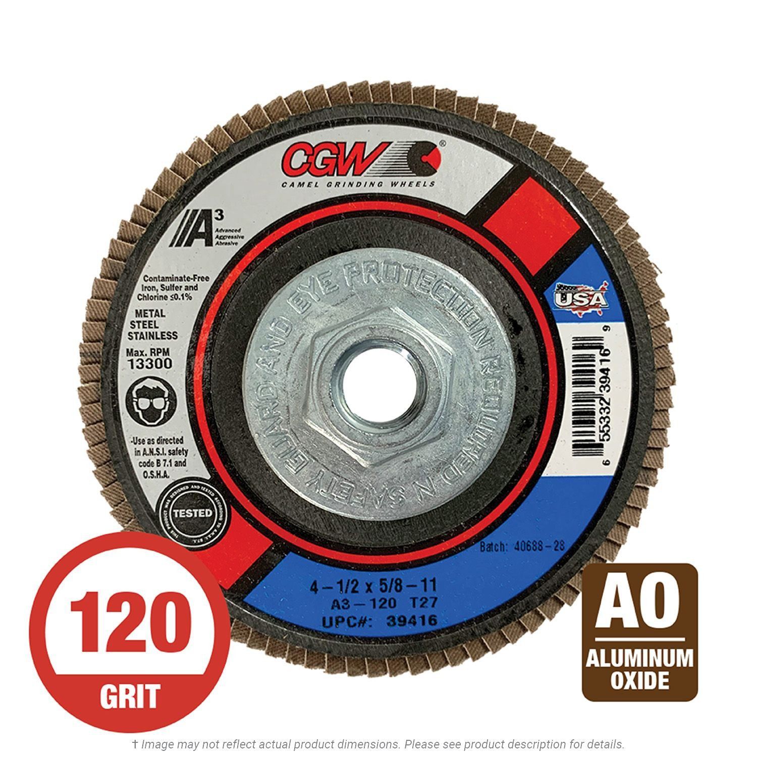 CGW 39416 All-Purpose Flap Disc 4-1/2" x 5/8-11 T27 120G Alum Oxide 10 per Box