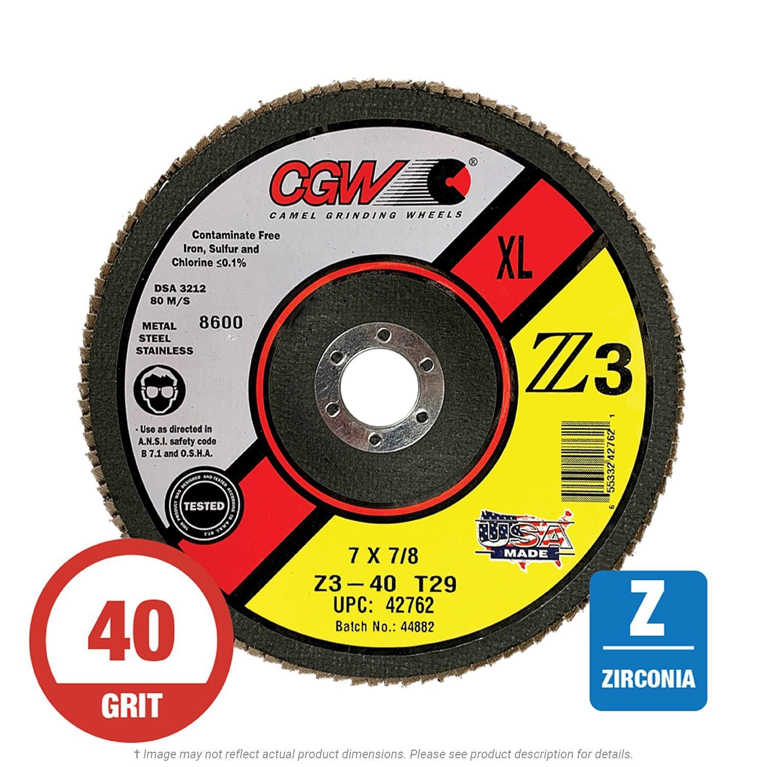 CGW 42762 Z3 XL Flap Disc 7" x 7/8 T29 40G Zirconia 10 per Box