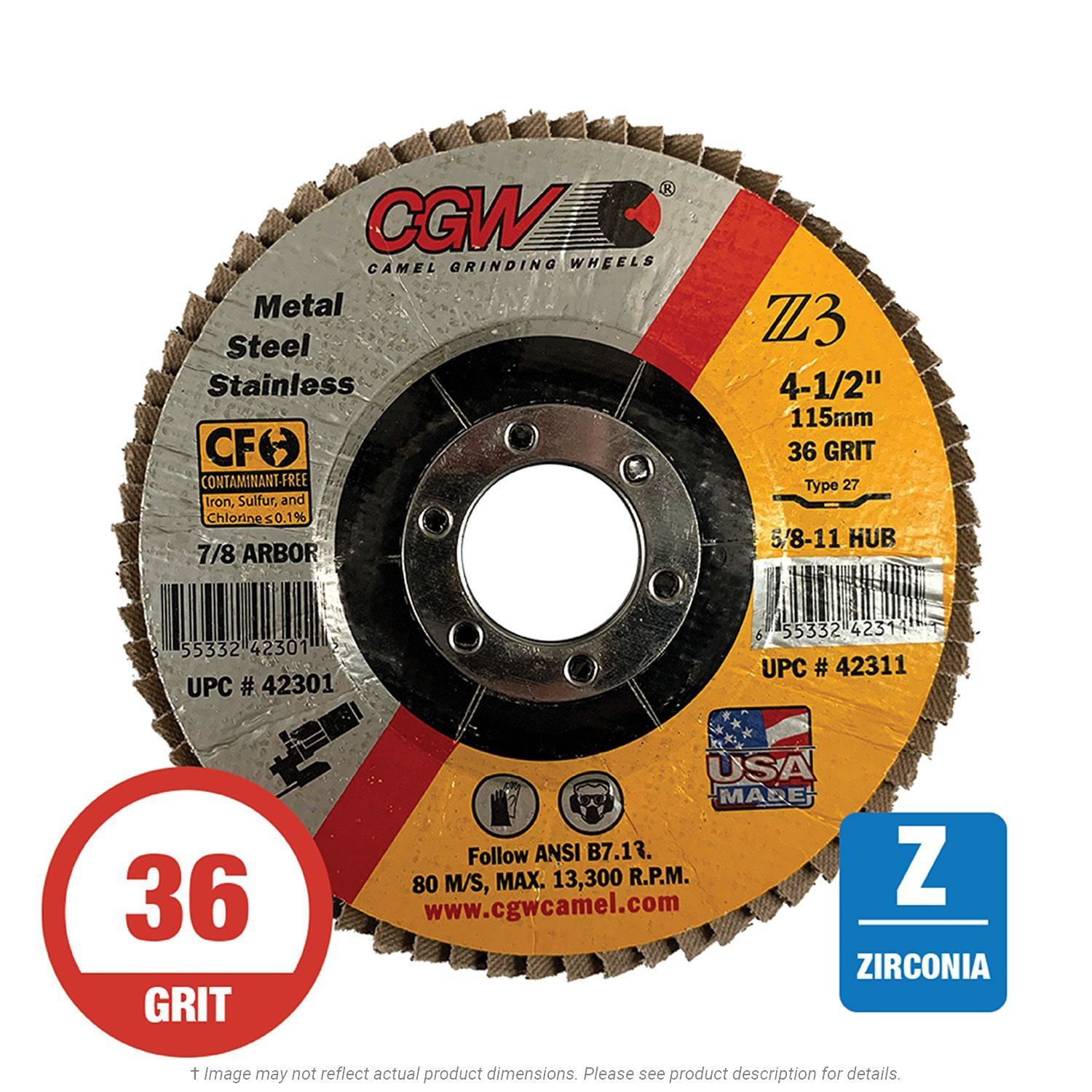 CGW 42301 Z3 Flap Disc 4-1/2" x 7/8 T27 36G Zirconia 10 per Box