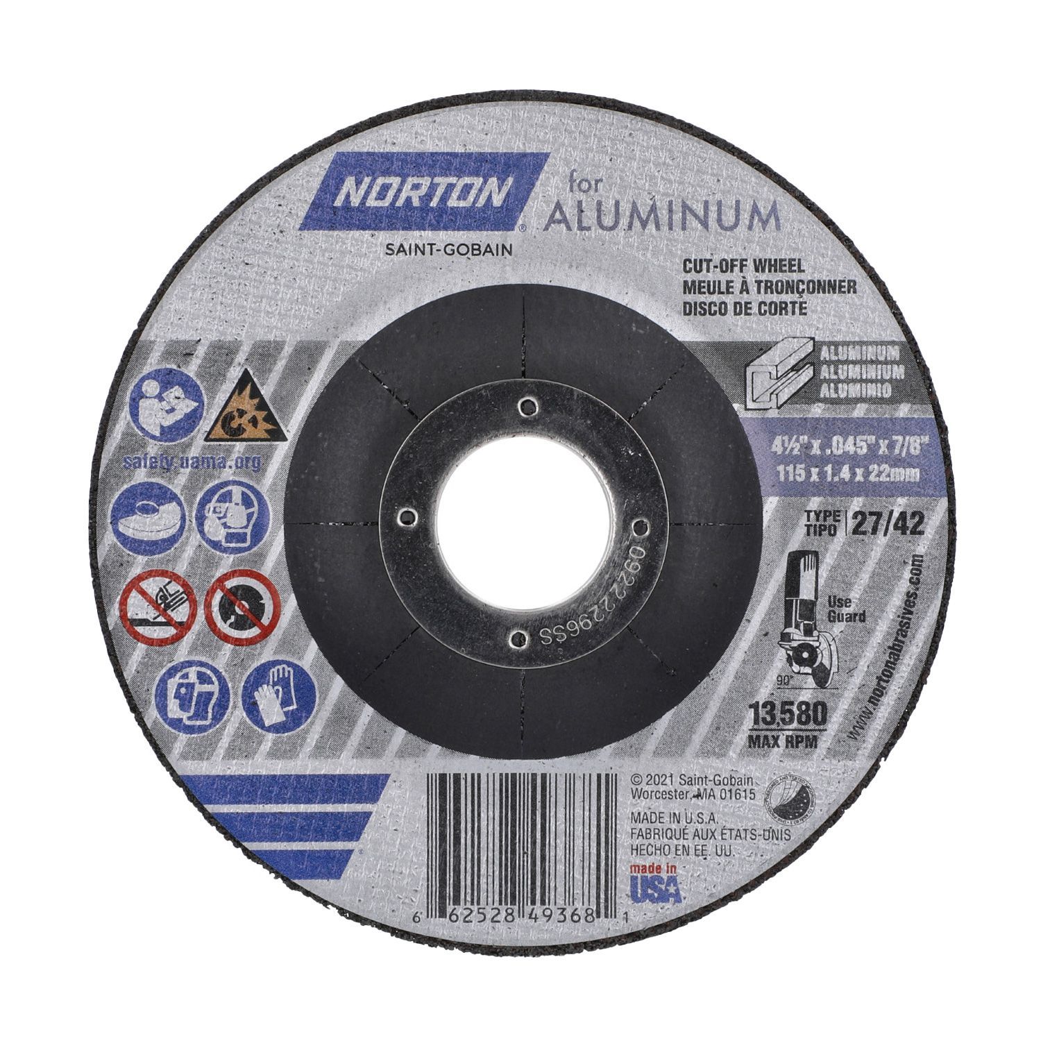 Norton 66252849368 Aluminum 4-1/2" x .045" x 7/8" Cut-Off Wheel T27 36G AO 25 Per Box