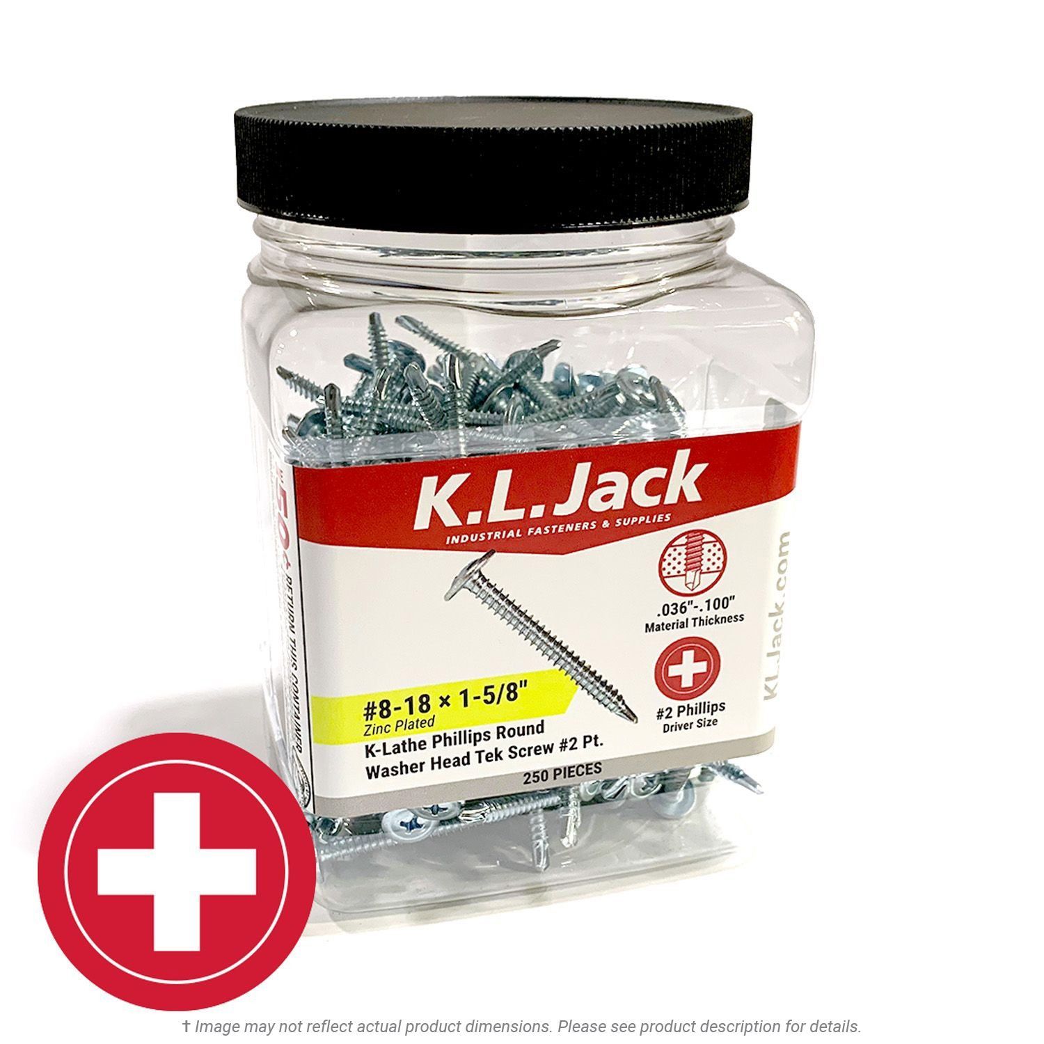 #8 x 1-5/8" Zinc Plated K-Lathe Round Washer Head Tek Screws - 250 Per Jar