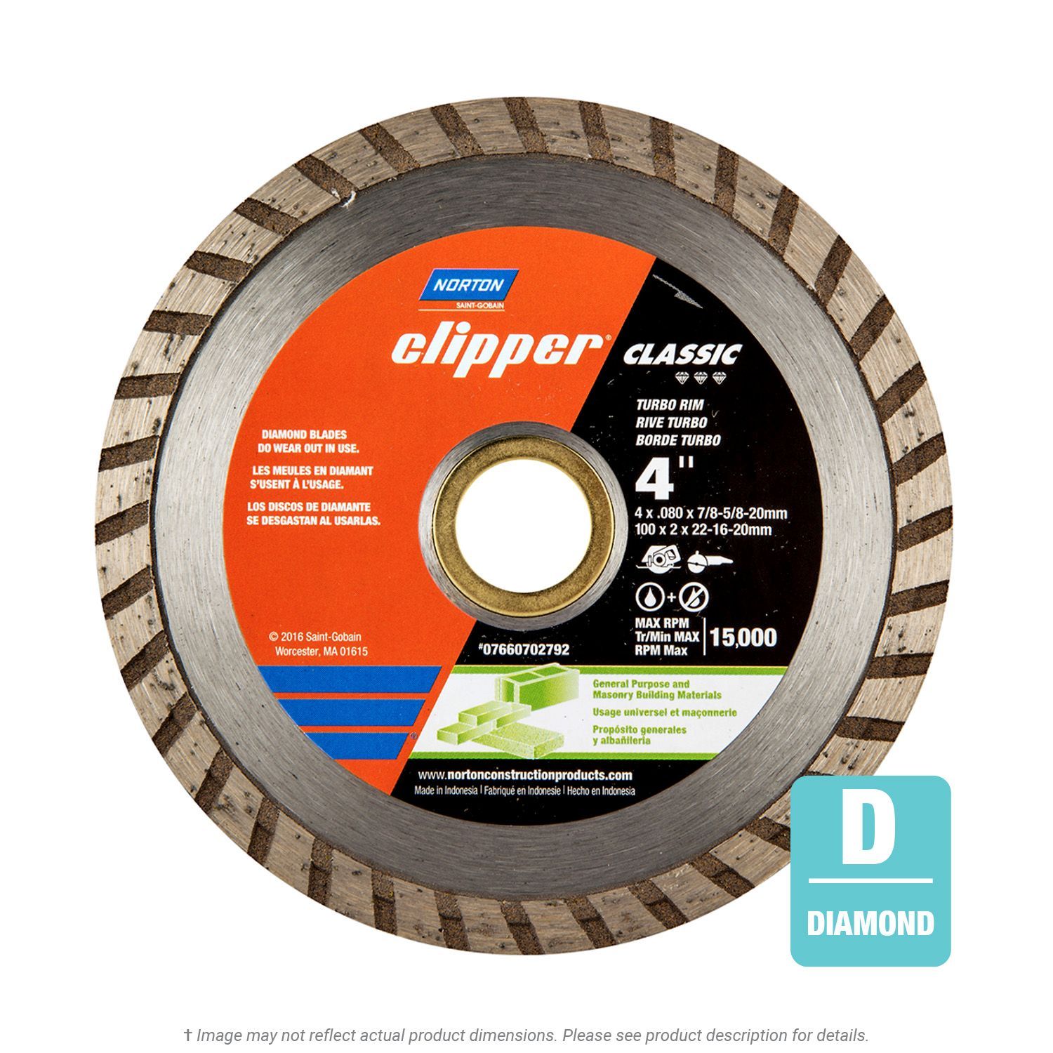Norton Clipper 4" x .080" x 7/8"- 5/8"- 20mm Turbo Rim Dry Diamond Blade