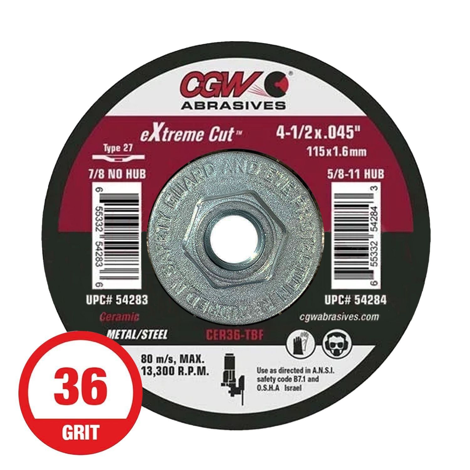 CGW 54284 eXtreme Cut 4-1/2" x .045" x 5/8"-11 Cut-Off Wheel T27 36G Ceramic 10 per Box