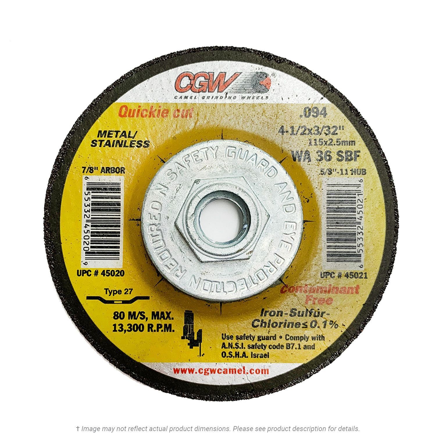 CGW 45020 Thin 4-1/2" x 3/32" x 7/8" Stainless Cut-Off Wheel  T27 WA36  10 per Box