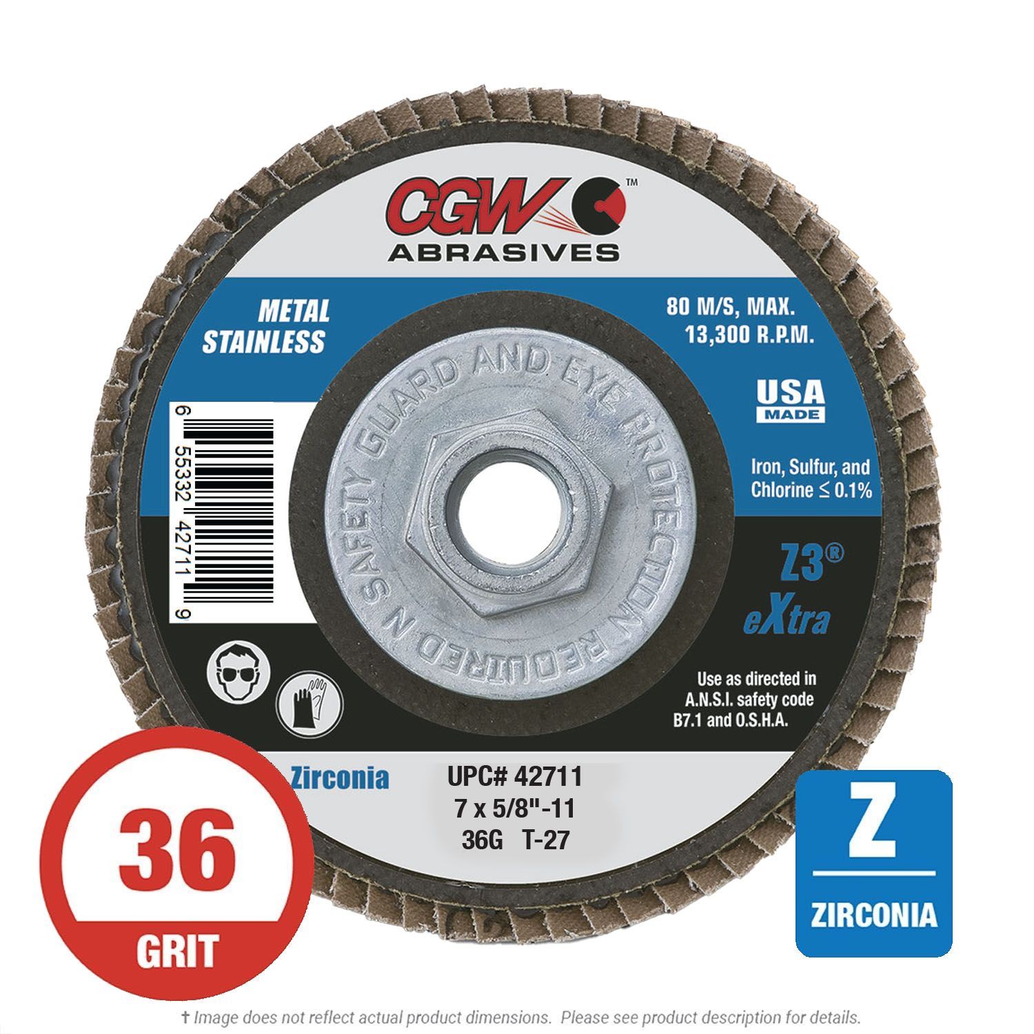 CGW 42711 Z3  Flap Disc 7" x 5/8-11 T27 36G Zirconia 10 per Box