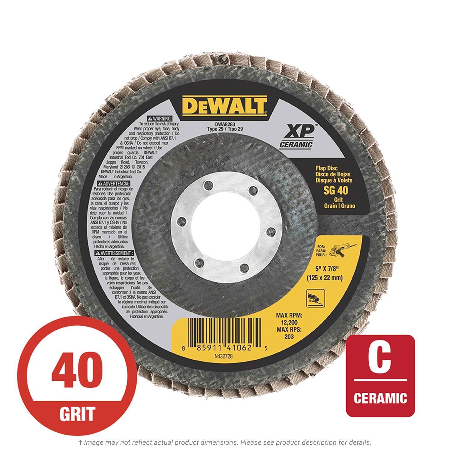 DeWalt DWA8283 Elite XP Ceramic Flap Discs 5" x 7/8 T29 40G 10 per Box