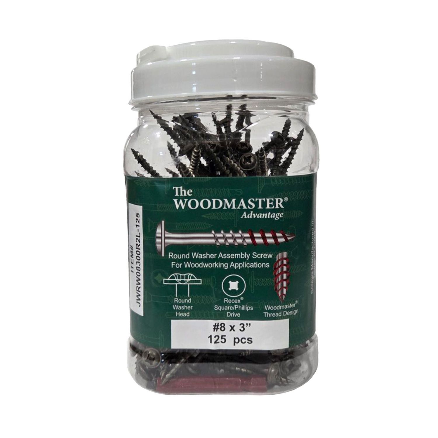 #8 x 3" Round Washer Head Recex Drive Woodmaster Screws - 125 Per Jar