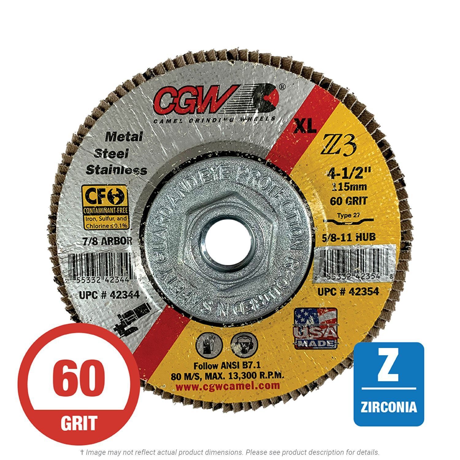 CGW 42354 Z3 XL Flap Disc 4-1/2" x 5/8-11 T27 60G Zirconia 10 per Box
