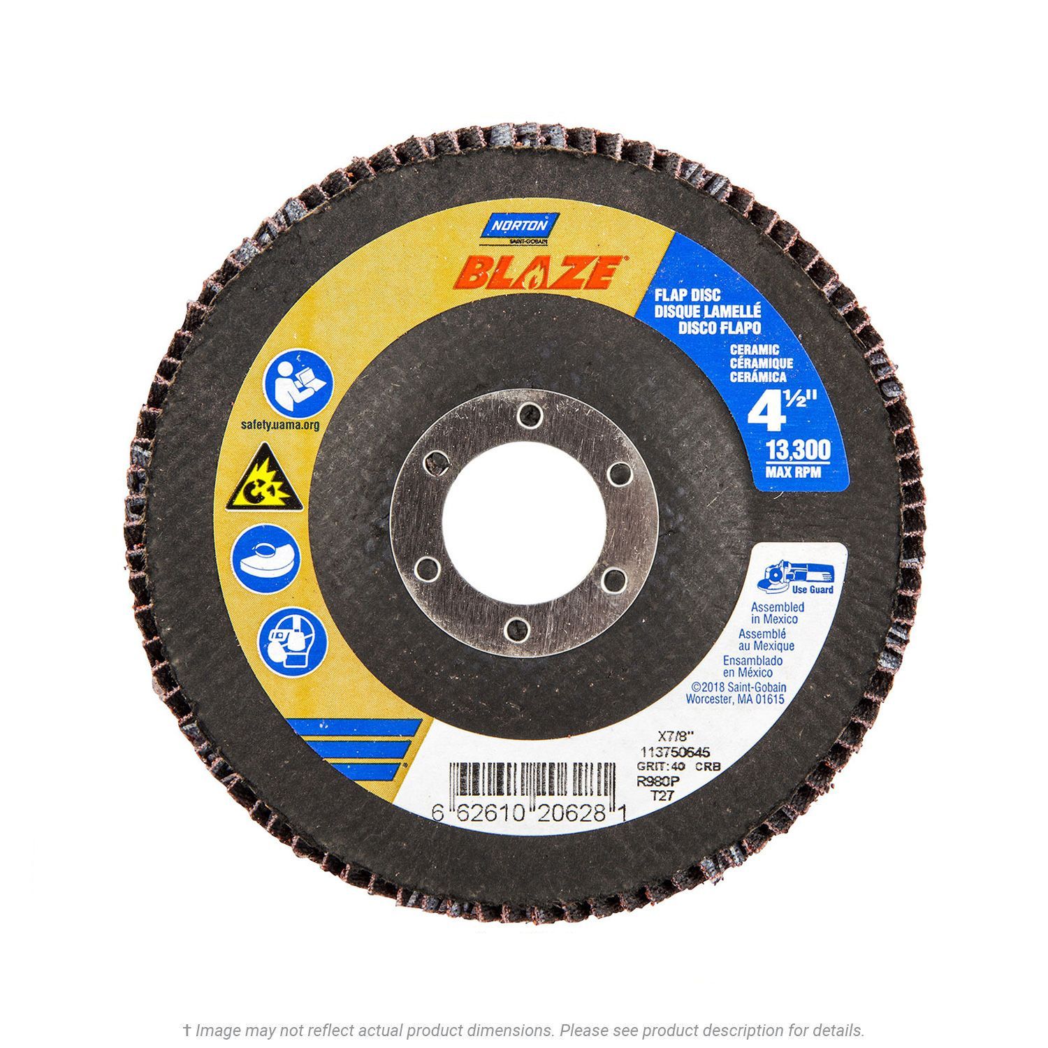 Norton 66261020628 Blaze 4-1/2" x 7/8" Flap Disc T27 40G Ceramic 10 per Box