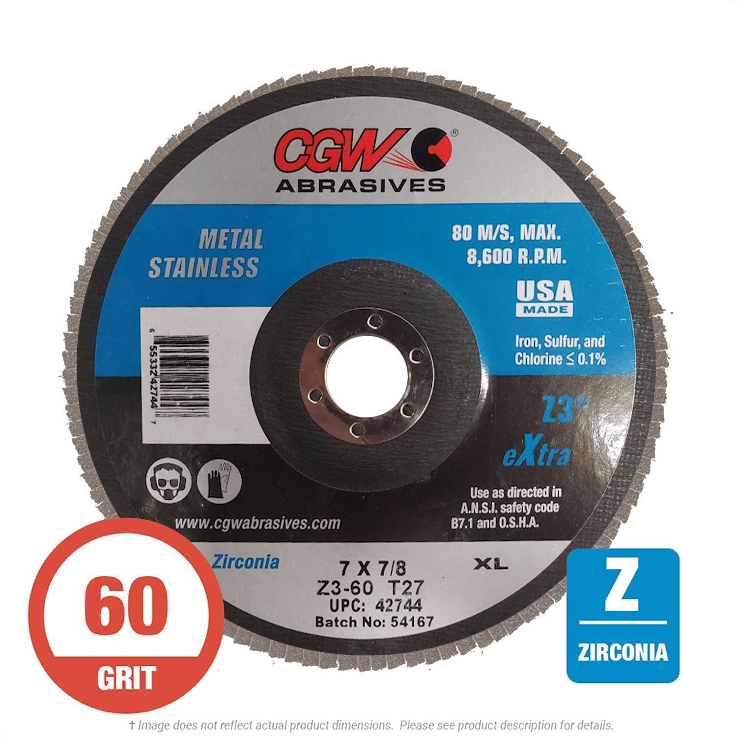 CGW 472744 Z3 XL Flap Disc 7" x 7/8 T27 60G Zirconia 10 per Box