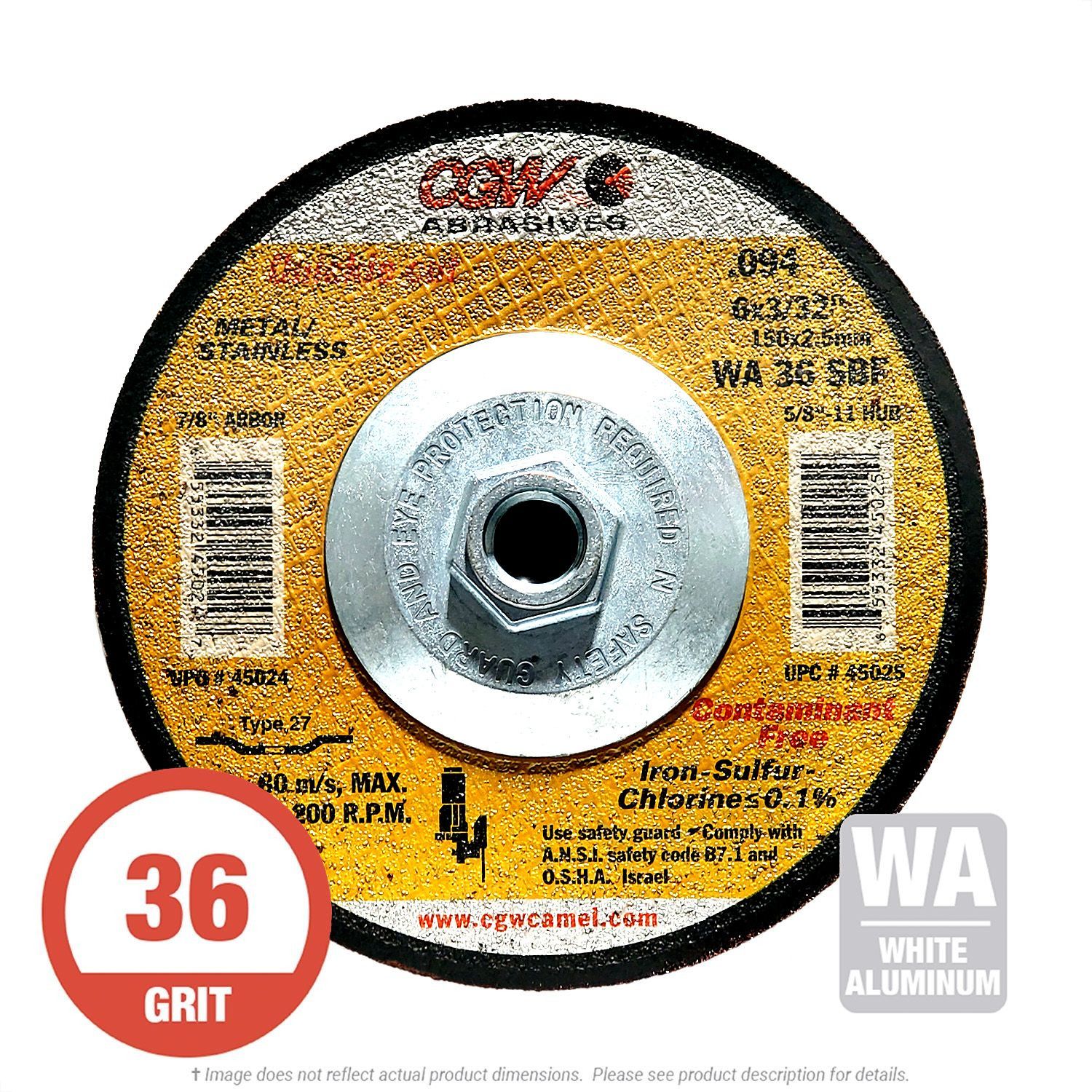 CGW 45025 Thin 6" x 3/32" x 5/8"-11 Stainless Cut-Off Wheel T27 WA36 10 per Box