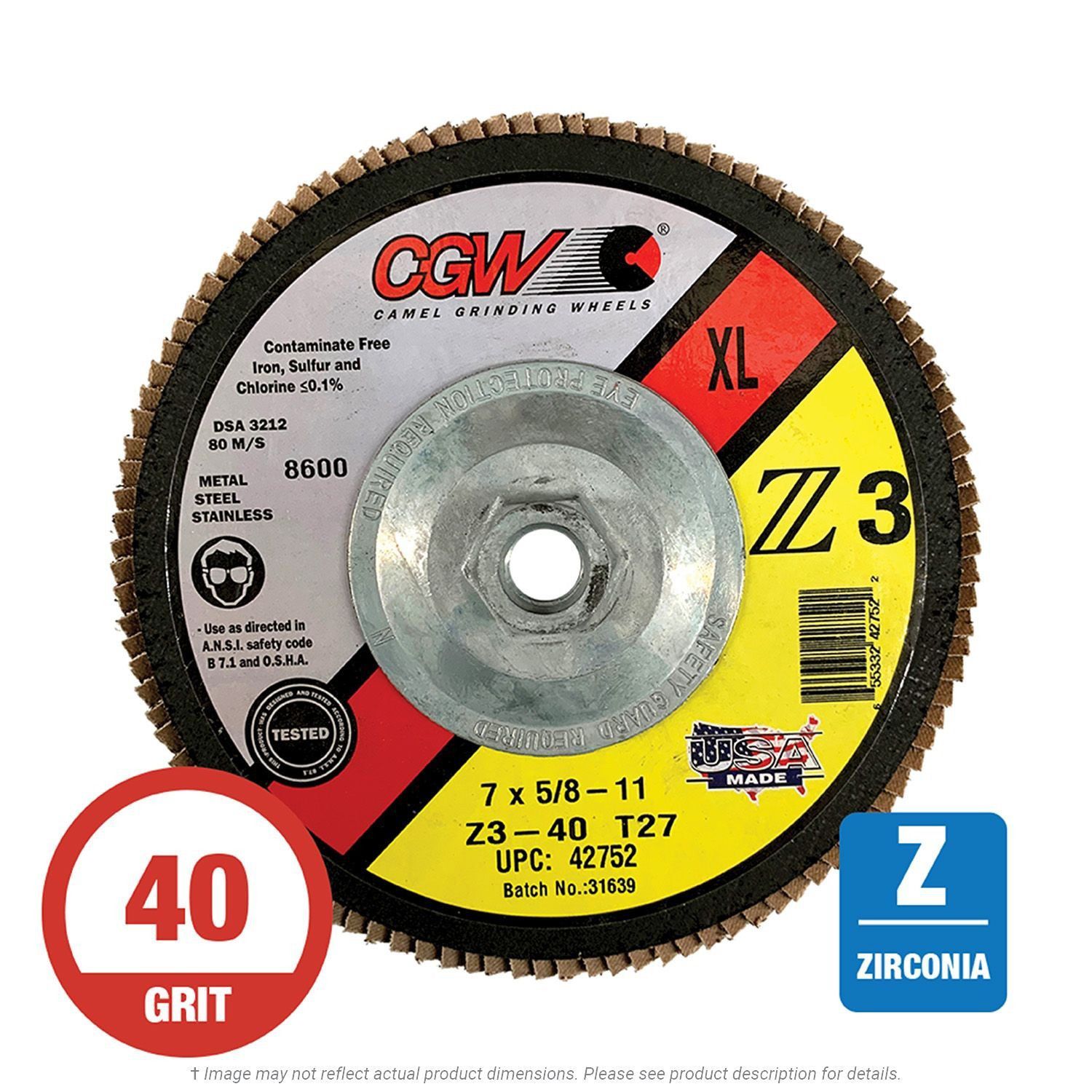 CGW 42752 Z3 XL Flap Disc 7" x 5/8-11 T27 40G Zirconia 10 per Box