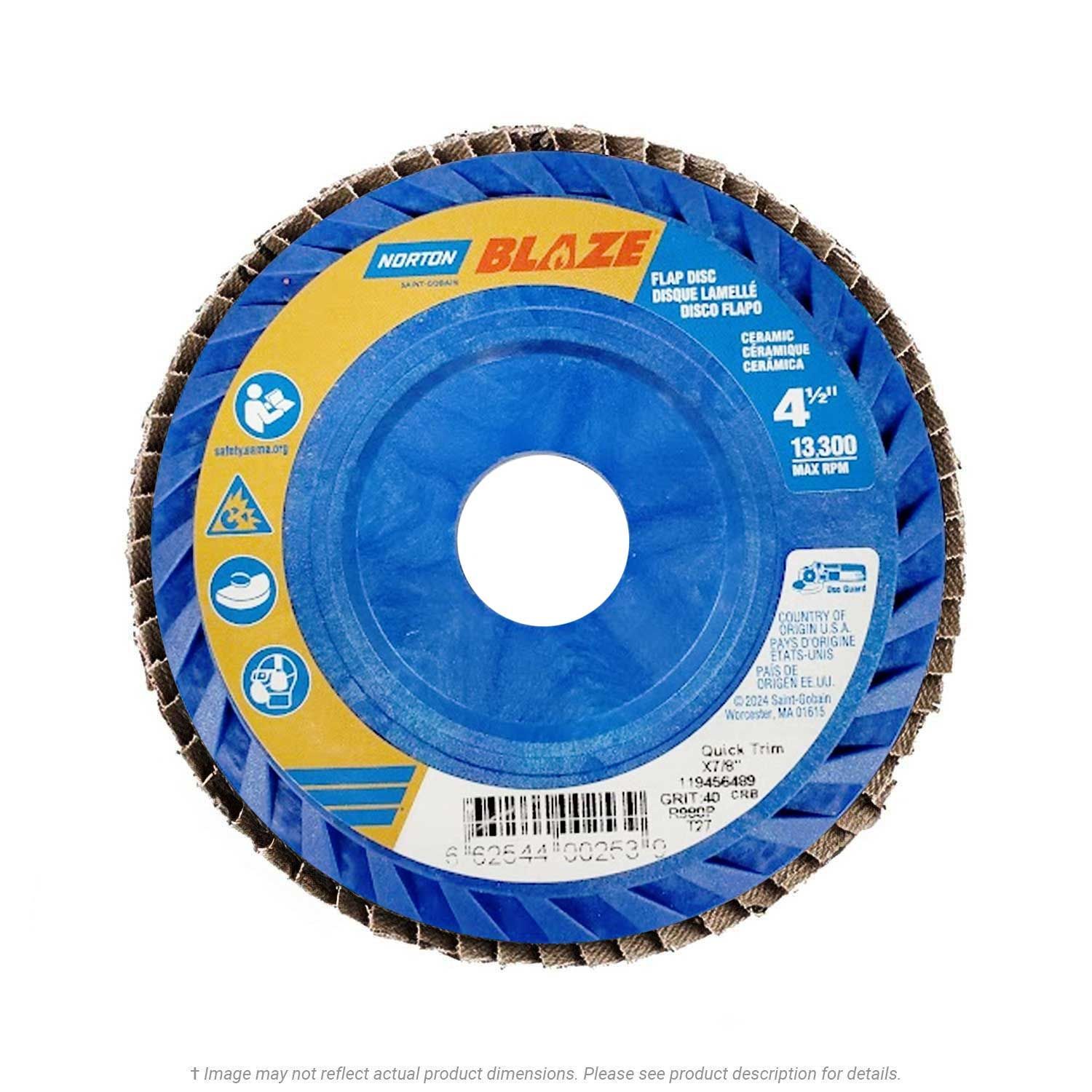 Norton 66254400253 Blaze 4-1/2" x 7/8 Quick Trim Flap Disc T27 Ceramic 40G 10 per Box