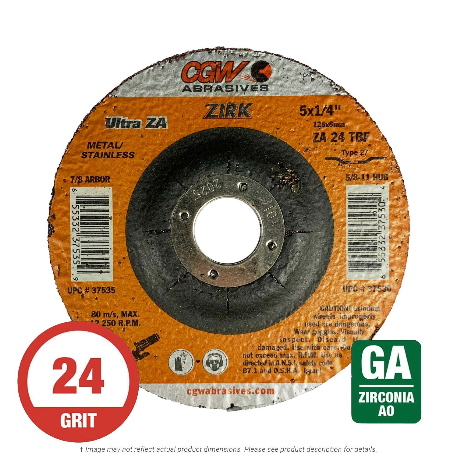 CGW 37535 Quickie Grind ZA24T Grinding Wheel 5" x 1/4" x 7/8" T27 Zirconia 25 per Box