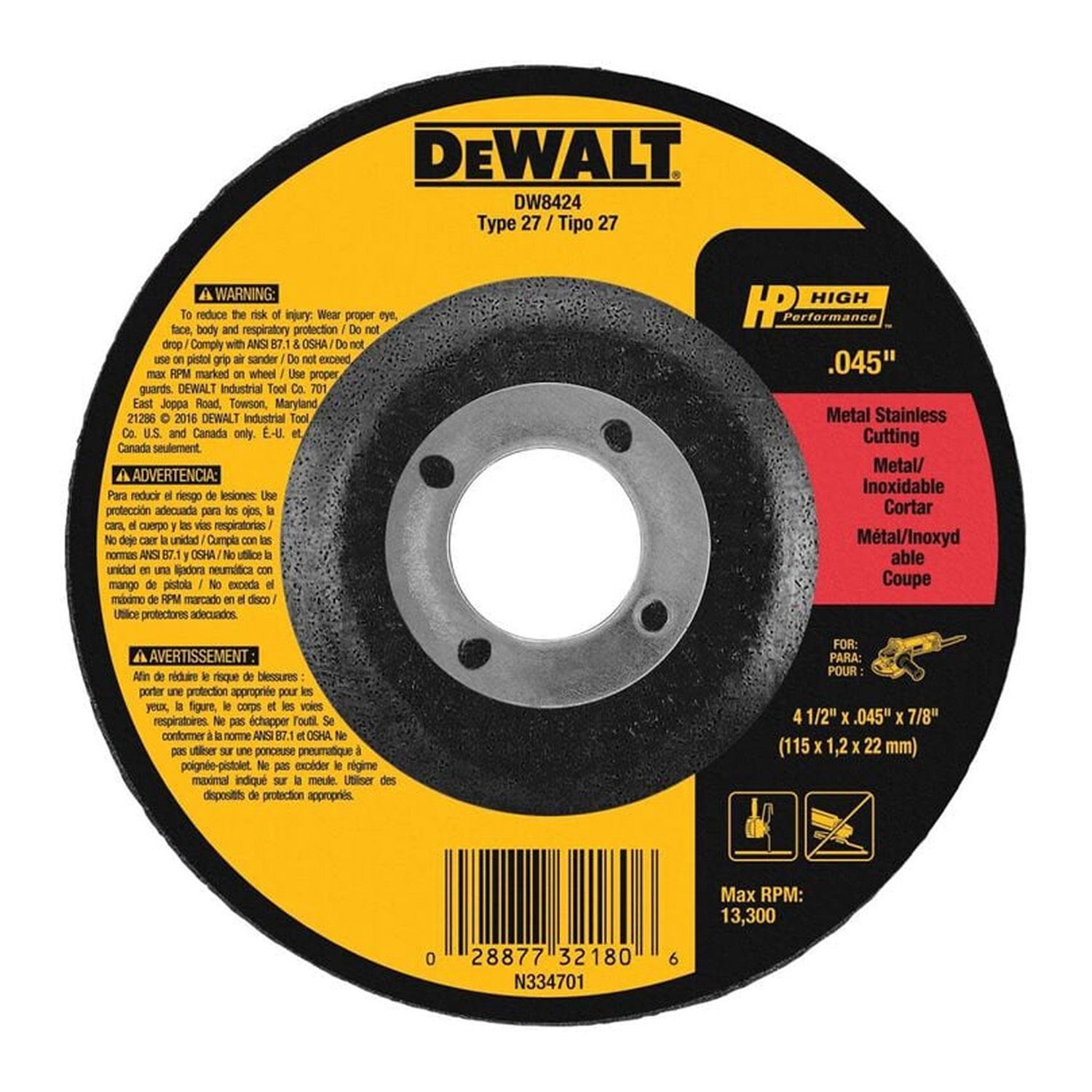 DeWalt DW8424 4-1/2" x .045" x 7/8" T27 High Performance Cutting Wheel - 25 per Box
