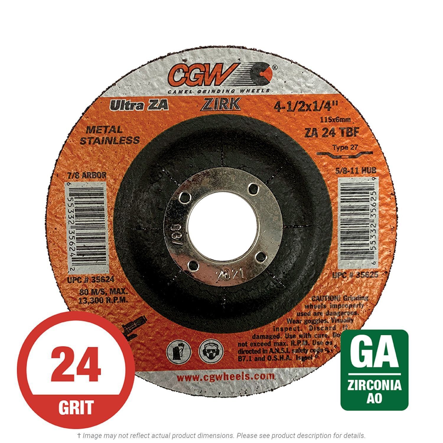 CGW 35624 Quickie Grind 4-1/2" x 1/4" x 7/8" ZA24T Grinding Wheel T27 Zirconia 25 per Box
