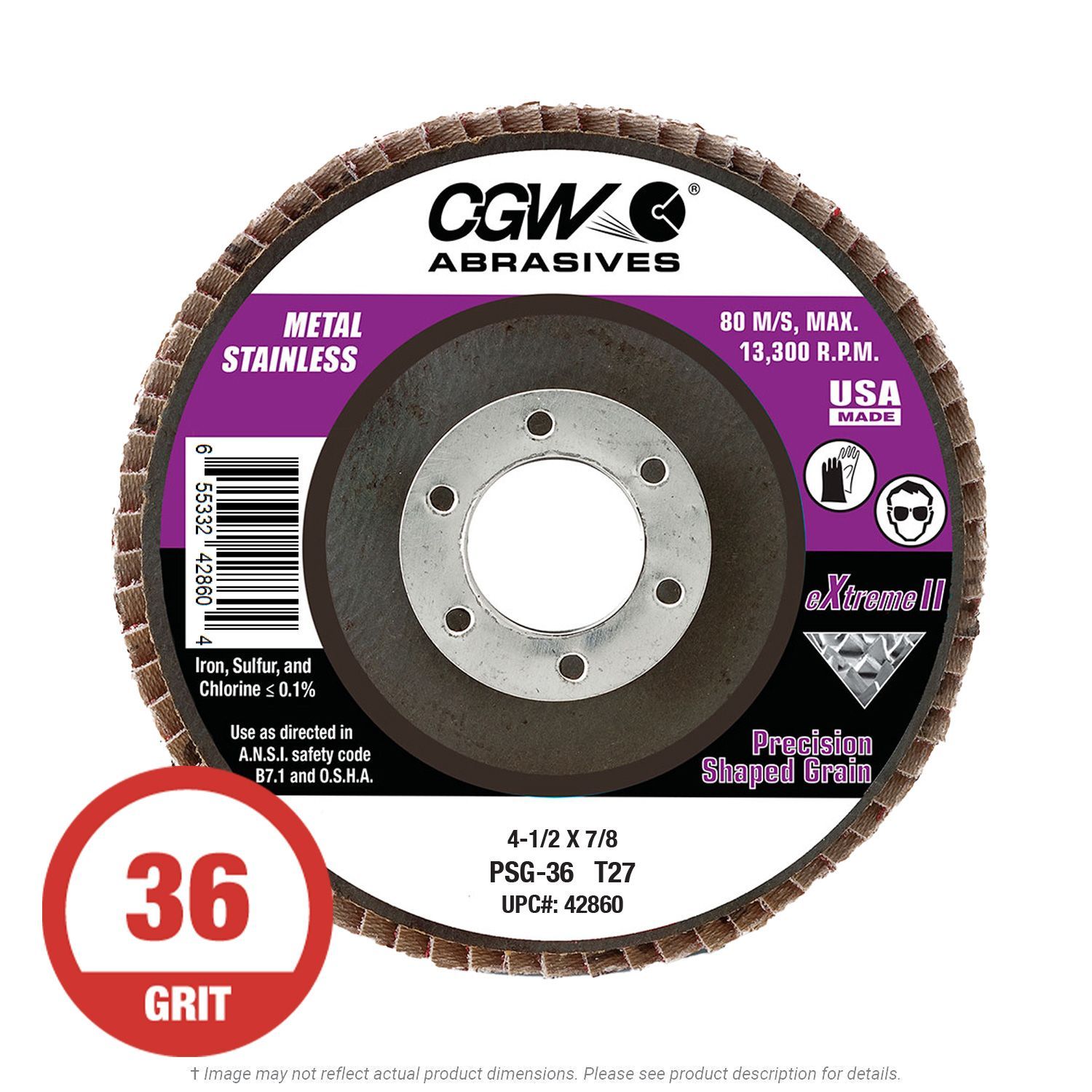 CGW 42860 eXtreme II 4-1/2" x 7/8 XL Flap Disc T27 PSG 36G 10 per Box