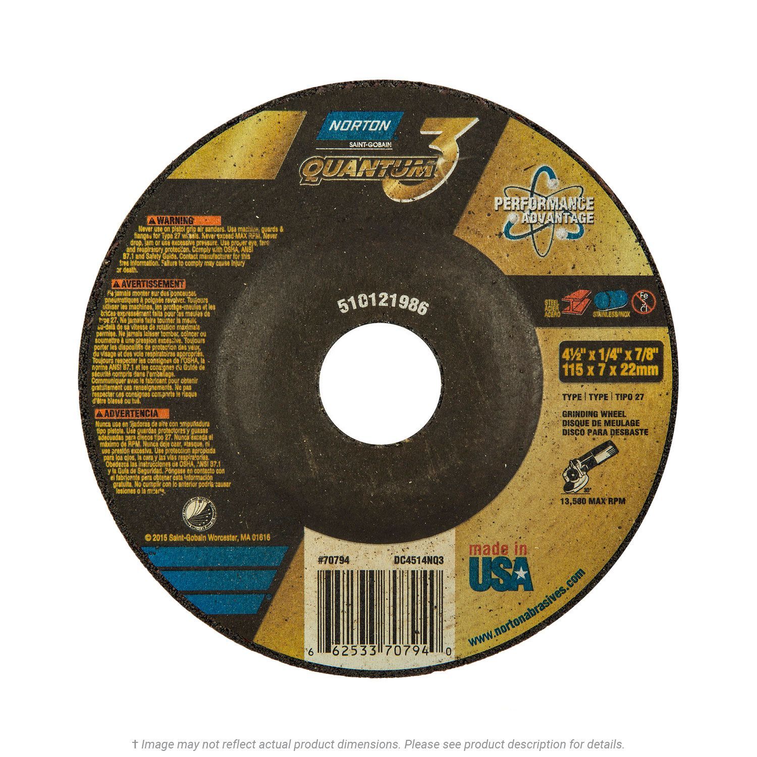 Norton 66253370794 Quantum3 Grinding Wheel 4-1/2" x 1/4" x 7/8" T27 Ceramic 25 per Box
