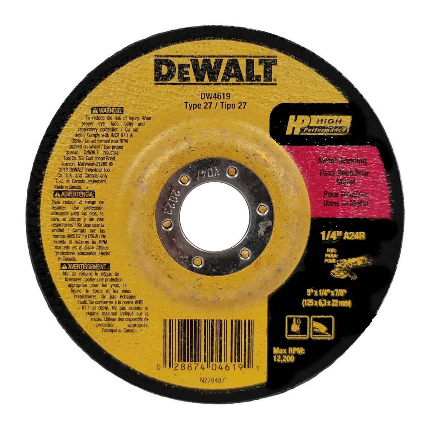 DeWalt DW4619 5" x 1/4" x 7/8" T27 Metal Grinding Wheel - 25 per Box