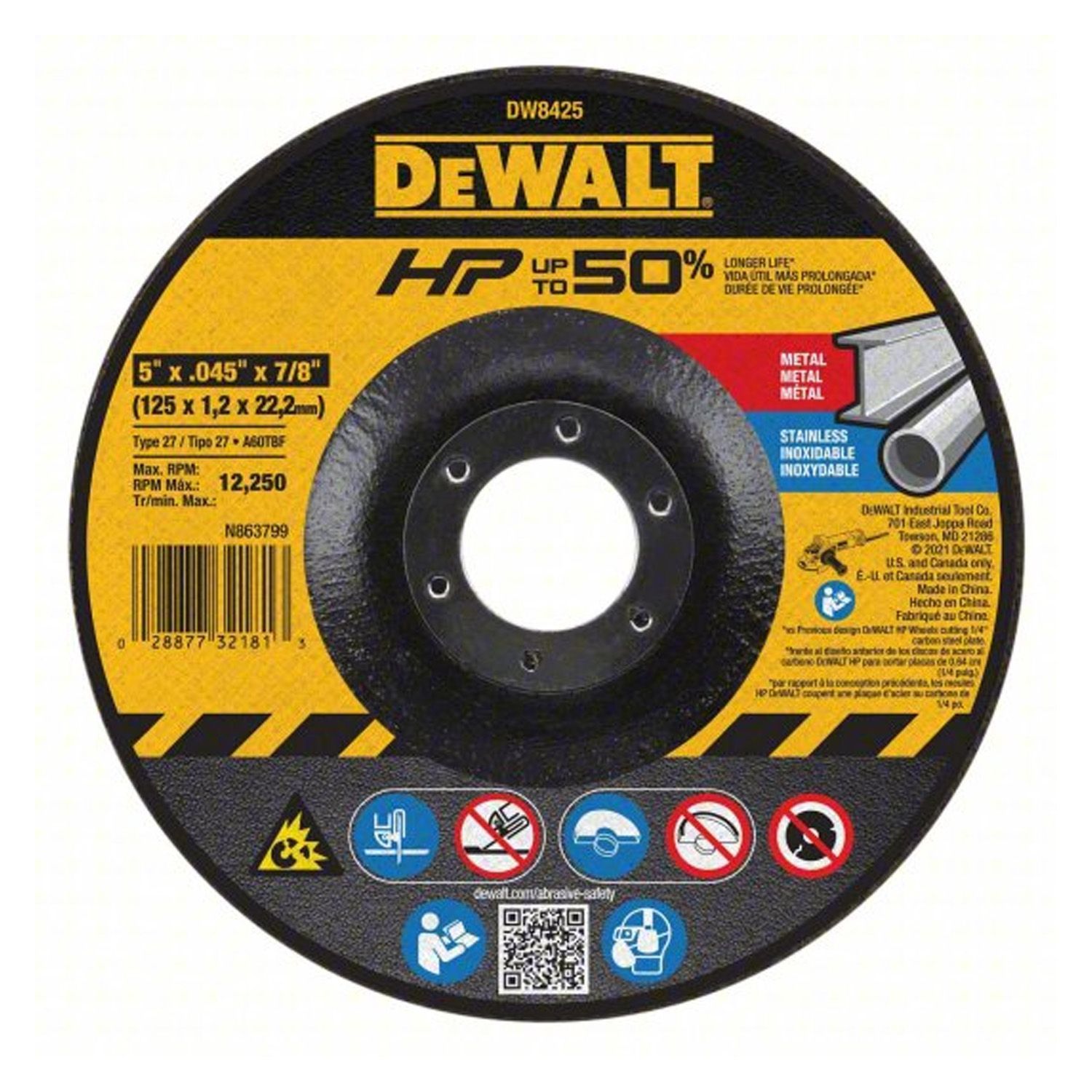 DeWalt DW8425 5" x .045" x 7/8" T27 High Performance Cutting Wheel - 25 per Box
