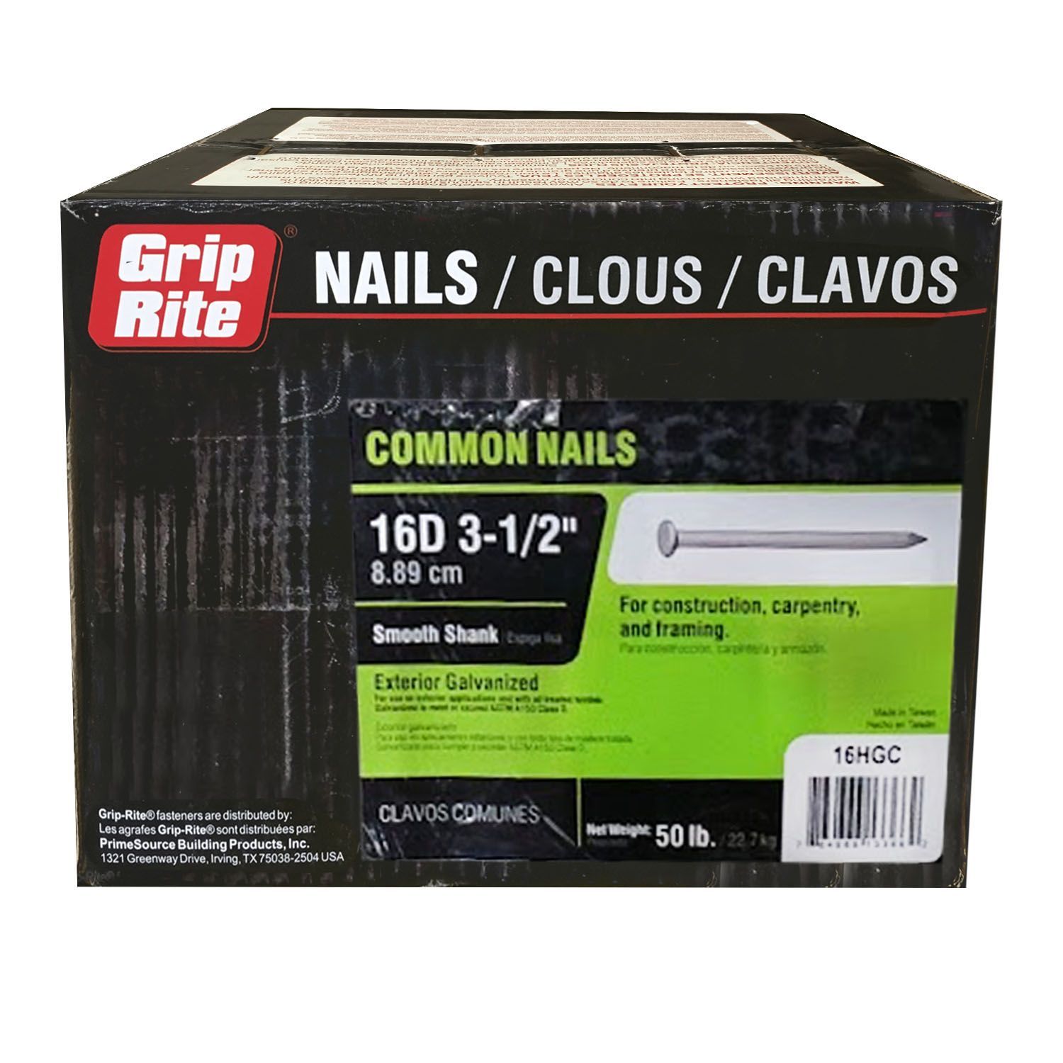 3-1/2" long 16D Common Nail 8 ga. Hot Dip Galvanized 50 lb. Box