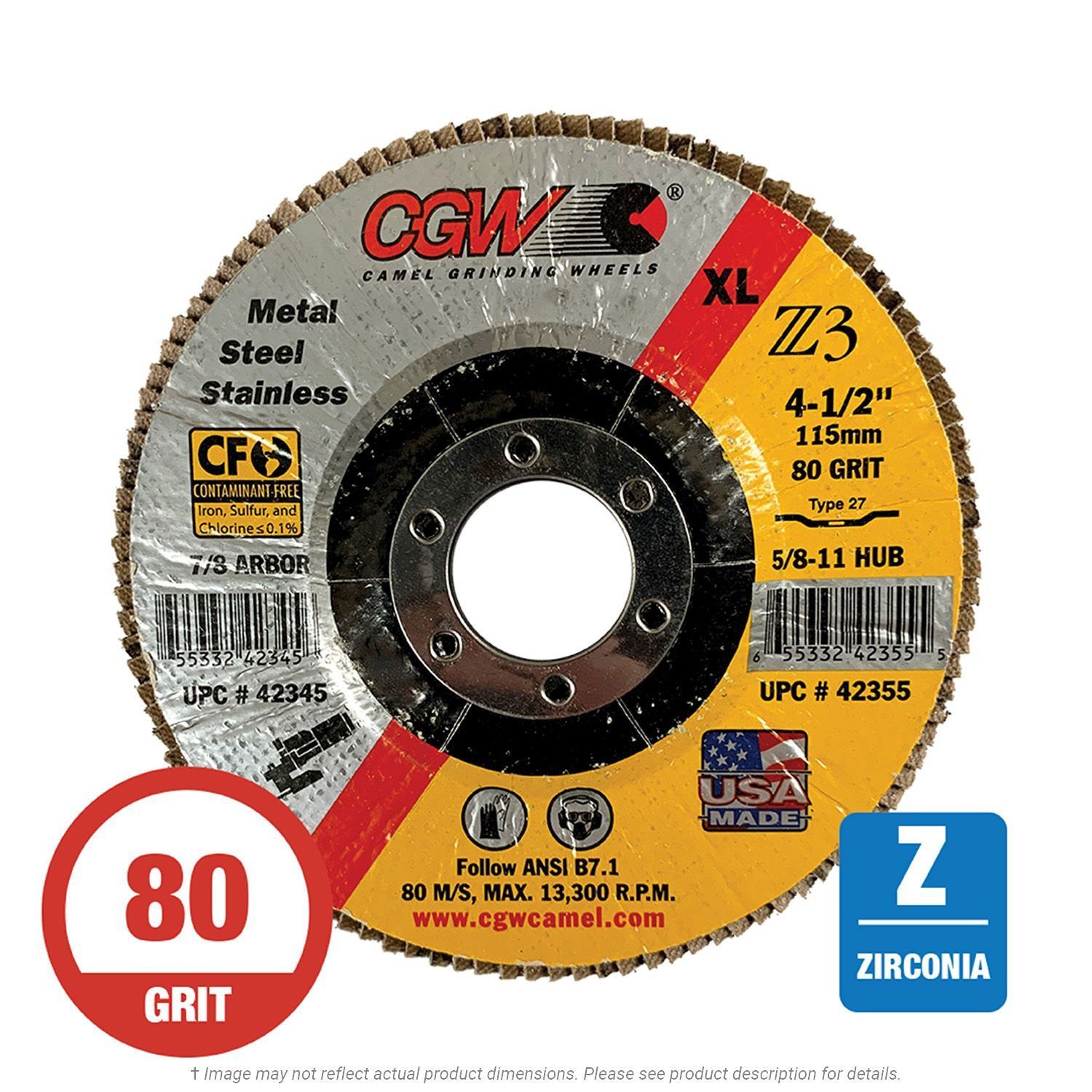 CGW 42345 Z3 XL Flap Disc 4-1/2" x 7/8 T27 80G Zirconia 10 per Box