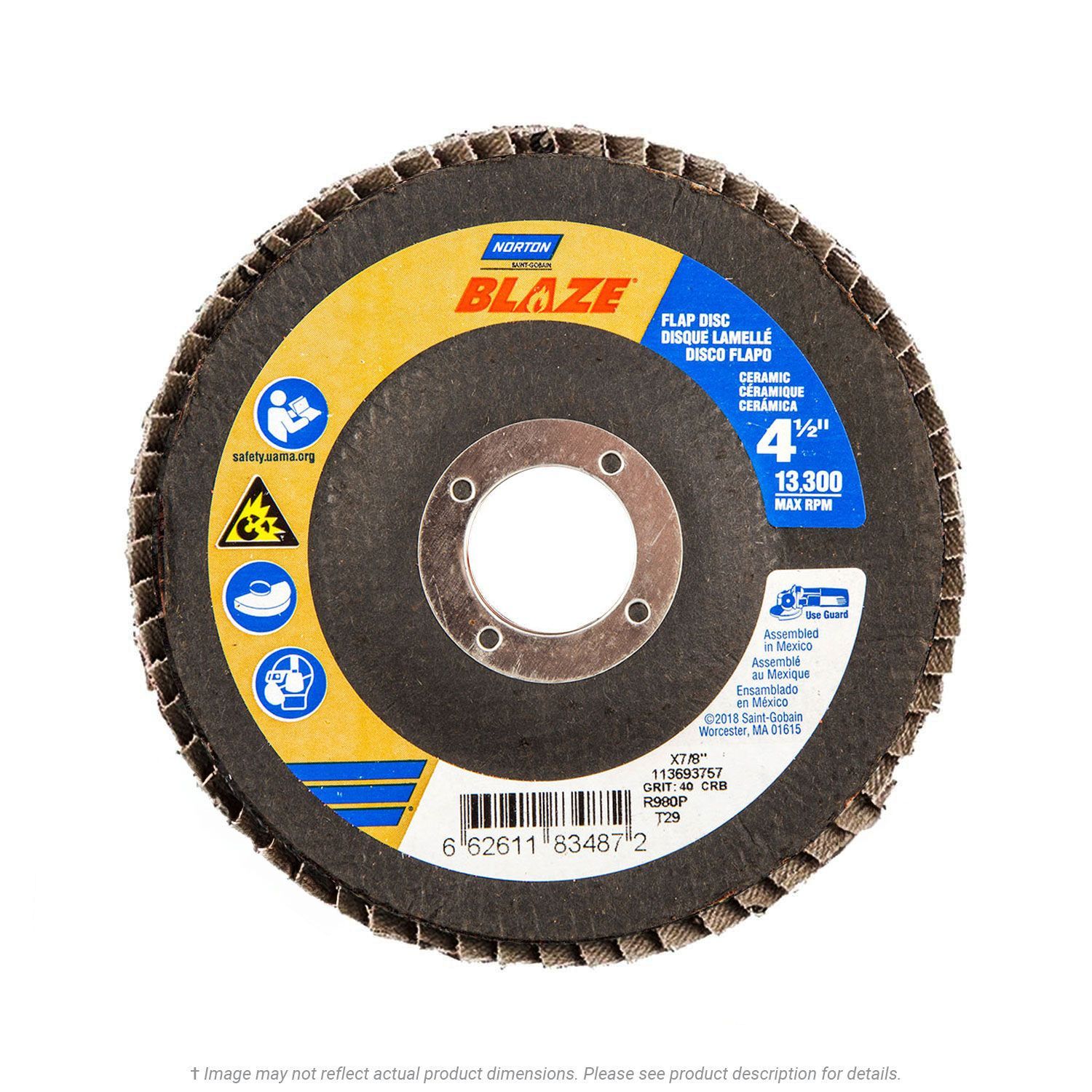 Norton 66261183487 Blaze 4-1/2" x 7/8 Flap Disc R980P Ceramic T29 40G 10 per Box