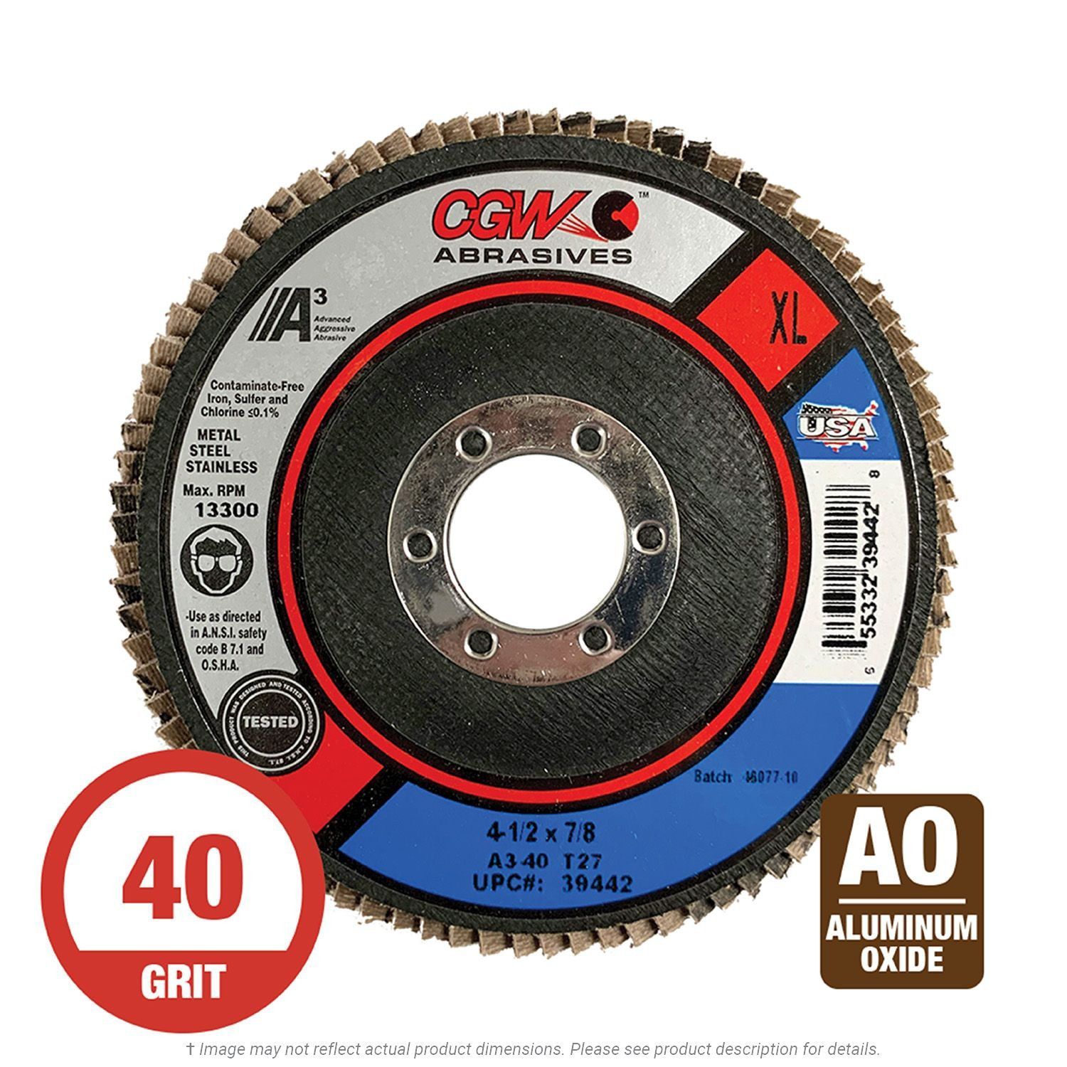 CGW 39442 All-Purpose XL Flap Disc 4-1/2" x 7/8 T27 40G Alum Oxide 10 per Box