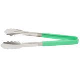 12-inch stainless steel one-piece scalloped tongs with green Kool-Touch handle, Vollrath 4781270