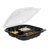 CLAMSHELL 3-COMPT MW 40oz 9"sq 3"h PP BLK/ CLR 100/cs