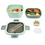LUNCH BOX W/ UTENSILS MW 58oz 7-1/4"sq PLASTIC GREEN 1/cs