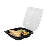 CLAMSHELL 3-COMPT MW 34oz 8"sq 3"h PP BLK/ CLR 50/cs