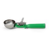 #12 Disher, round, 2-7/16" bowl dia., 2-2/3 oz. capacity, 18-8 stainless with one-piece color coded green plastic handle, USA Made, Vollrath 47142