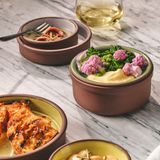Spice Tray, 4 oz., 4" x 1-1/8"h, stackable, round, porcelain, white interior, terracotta exterior, Maham Studio Collection, Sea Salt, (12 ea/cs), Steelite, 6212RT012