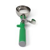 #12 Disher, round, 2-7/16" bowl dia., 2-2/3 oz. capacity, 18-8 stainless with one-piece color coded green plastic handle, USA Made, Vollrath 47142