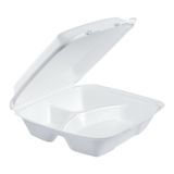 TAKEOUT HINGED 9x9x3" SQUARE 3-COMPT FOAM PS WHITE 200/cs