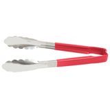 9 -inch stainless steel one-piece scalloped tongs with red Kool-Touch handle, Vollrath 4780940